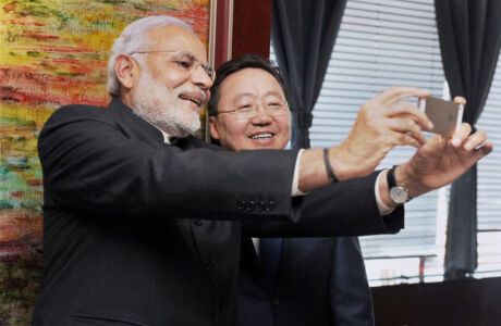 Prime Minster Narendra Modi taking selfie with President of Mongolia Tsakhiagiin Elbegdorj during a meeting in Ulan Bator, Mongolia, May 17. (Press Trust of India) page-may21-modi-18-mongolia