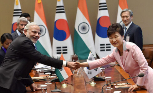 Prime Minister Narendra Modi shakes hands with South Korean President Park Geun-hye during a delegation level talk at Cheong wa Dae, Seoul, South Korea, May 18. (Shahbaz Khan | PTI) page-may21-modi-20-korea