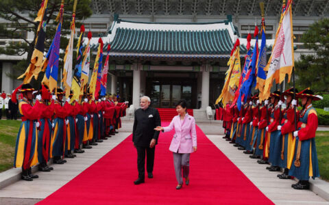 Prime Minister Narendra Modi with Korean President Park Geun-hye inspects the guard of honor during his welcome ceremony at Grand Garden, Cheong wa Dae, Seoul, South Korea, May 18. (Shahbaz Khan | PTI) page-may21-modi-25-korea
