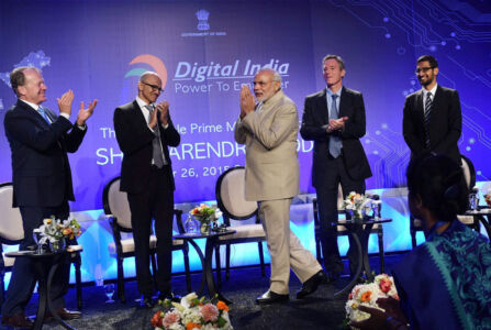 Prime Minister Narendra Modi with Microsoft CEO Satya Nadella (2nd from l), John T. Chambers, Executive Chairman of Cisco (l), Paul E. Jacobs, Executive Chairman of Qualcomm (2nd from r) and Goggle CEO Sundar Pichai (r) at the Digital India and Digital Technology dinner in San Jose, Calif., Sept. 26. (Subhav Shukla | PTI) page-modi-06-pti