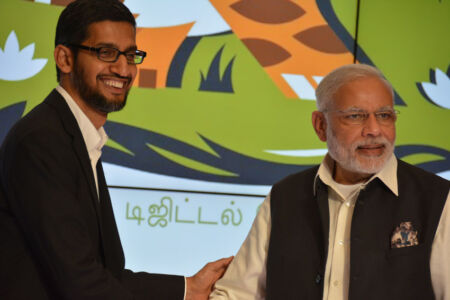 Google CEO Sundar Pichai with Prime Minister Modi on the latter’s visit to Google headquarters in Mountain View, Calif., Sept. 27. (Amar D. Gupta | Siliconeer) page-modi-10-adg