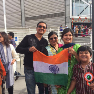 Members of the Indian American community gathered at SAP Center in San Jose, Calif., to greet Prime Minister Narendra Modi on his maiden visit to Silicon Valley. (L-r): From Dadi Pariwar USA Foundation, Mukesh Sharma, Sudha Gupta, Shipra Sharma and Yatharth Sharma (r). (Facebook) page-modi-35-fb