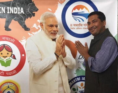 At the SAP Center, Sept. 27, Kislay Banka poses with a cutout of Prime Minister Modi. (Facebook) page-modi-37-fb