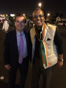 Congressman Ed Royce, California's 39th Congressional District and Chairman of the @HouseForeign Affairs Committee with Mobifusion CEO Pavan Mandhani at SAP Center in San Jose, Calif., to greet Prime Minister Narendra Modi on his maiden visit to Silicon Valley, Sept. 27. page-modi-42-pawan-edroyce