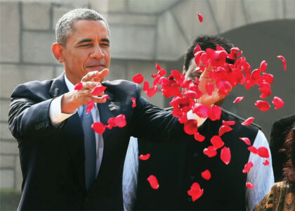 President Barack Obama paying floral tributes at Mahatma Gandhi's memorial Rajghat in New Delhi, Jan. 25. (Shahbaz Khan | PTI) page-modi-obama-05