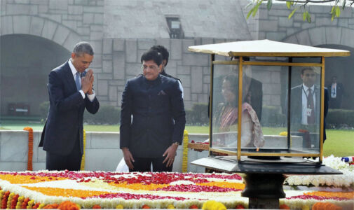 President Barack Obama pays tribute at Mahatma Gandhi's memorial, Rajghat, in New Delhi, Jan. 25. (Shahbaz Khan | PTI) page-modi-obama-09