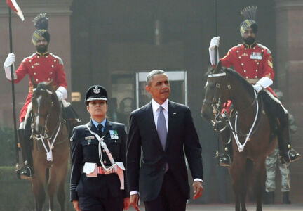 President Barack Obama inspecting the Guard of Honor during a ceremonial reception at Rashtrapati Bhavan in New Delhi, Jan. 25. (Subhav Shukla | PTI) page-modi-obama-10
