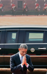 President Barack Obama folds his hands in a traditional 'Namaste' during his ceremonial welcome at Rashtrapati Bhavan in New Delhi, Jan. 25. (Vijay Verma | PTI) page-modi-obama-11