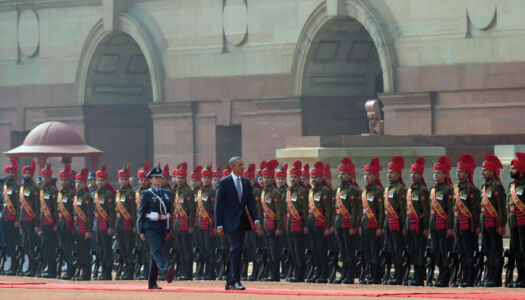 President Barack Obama inspecting the Guard of Honor during a ceremonial welcome at Rashtrapati Bhavan in New Delhi, Jan. 25. (Manvender Vashist | PTI) page-modi-obama-12