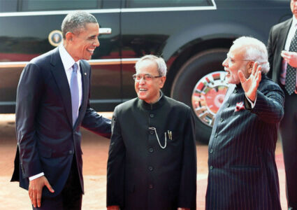 President Barack Obama with Indian President Pranab Mukherjee and Prime Minister Narendra Modi during his ceremonial welcome at Rashtrapati Bhavan in New Delhi, Jan. 25. (Vijay Verma | PTI) page-modi-obama-13