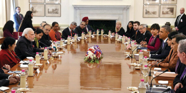Prime Minister Narendra Modi and President Barack Obama during delegation level talks at Hyderabad House in New Delhi, Jan. 25. (Shirish Shete | PTI) page-modi-obama-17