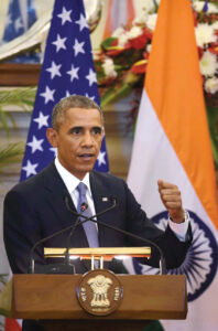 President Barack Obama speaks at a joint press conference with Prime Minister Narendra Modi at Hyderabad House in New Delhi, Jan. 25. (Atul Yadav | PTI) page-modi-obama-19
