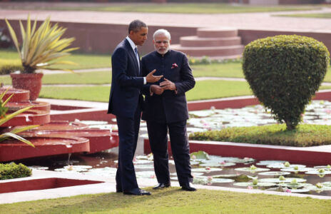 Prime Minister Narendra Modi and President Barack Obama stroll in the gardens of Hyderabad House in New Delhi, Jan. 25. (Atul Yadav | PTI) page-modi-obama-20