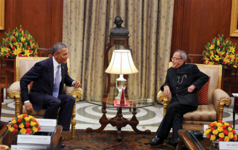 President Pranab Mukherjee and President Barack Obama during their meeting at the Rashtrapati Bhavan in New Delhi, Jan. 25. (Shahbaz Khan | PTI) page-modi-obama-24