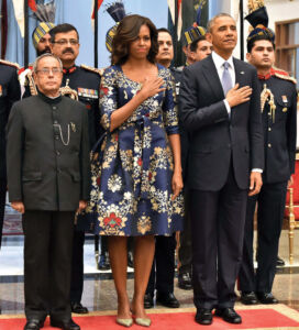 Indian President Pranab Mukherjee (l), U.S. President Barack Obama and First Lady Michelle Obama stand for the national anthem during a banquet hosted at the Rashtrapati Bhavan in New Delhi, Jan. 25. (Vijay Verma | PTI) page-modi-obama-25