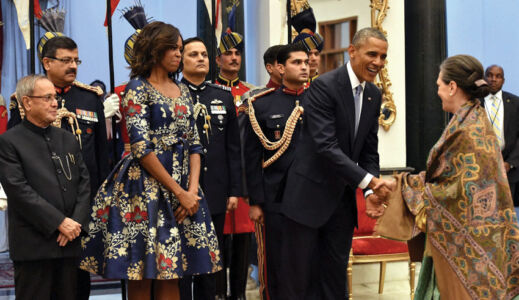 President Pranab Mukherjee and First Lady Michelle Obama look on as U.S. President Barack Obama shakes hands with UPA Chairperson Sonia Gandhi during a banquet hosted at Rashtrapati Bhavan in New Delhi, Jan. 25. (Vijay Verma | PTI) page-modi-obama-27