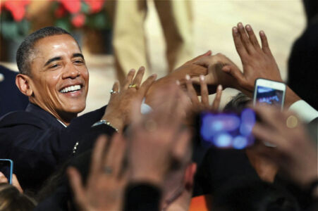 President Barack Obama interacts with the crowd after addressing an event at Siri Fort Auditorium in New Delhi, Jan. 27. (Subhav Shukla | PTI) page-modi-obama-36