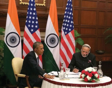President Barack Obama and Prime Minister Narendra Modi recording “Mann Ki Baat” show in New Delhi. (Press Trust of India) page-modi-obama-42