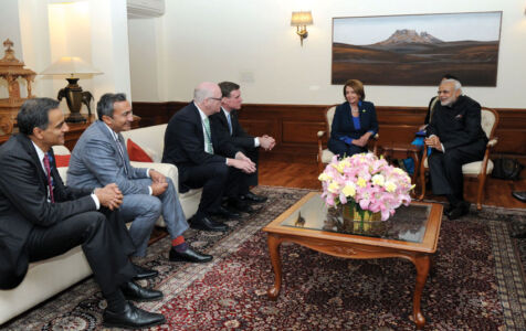 Members of U.S. Congress, Nancy Pelosi, Mark Warner, Ami Bera and Joe Crowley call on Prime Minister Narendra Modi in New Delhi, Jan. 26. (Press Information Bureau) page-modi-obama-usdelegation-l2015012661603