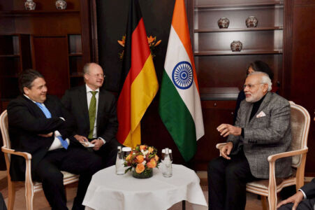 Indian Prime Minister Narendra Modi with German Vice-Chancellor and Minister of Economics and Energy Sigmar Gabriel (l) in Berlin, Apr. 13. (Subhash Chander Malhotra | PTI) page-modi-tberlin-02-inside