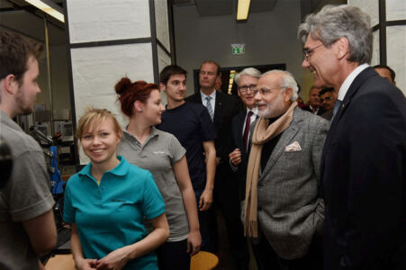 Prime Minister Narendra Modi interacts with students during his visit to Siemens Technical Academy in Berlin, Apr. 13. (Subhash Chander Malhotra | PTI) page-modi-tberlin-03-inside