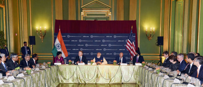 Prime Minister Narendra Modi with top CEOs at the USIBC Roundtable, in Washington, D.C., June 7. (Press Information Bureau) page-modi-us-03