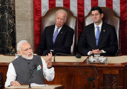 Prime Minister Narendra Modi addressing a joint meeting of Congress on Capitol Hill in Washington, June 8. Vice President Joe Biden and House Speaker Paul D. Ryan are also seen. (Press Trust of India) page-modi-us-05