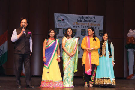 Dr. Romesh Japra (l) addressing the gathering at India’s Republic Day in Saratoga, Calif., Jan. 30, as chief guest Kamalinee Mukherjee (3rd from l) and Ritu Maheshwari (r), look on. (Vasudha Badri-Paul | Siliconeer) page-repday-afog-05