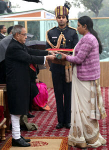 President Pranab Mukherjee giving away the highest gallantry award, Ashok Chakra, to Naik Neeraj Kumar Singh 57th Battalion, The Rashtriya Rifles (Rajputana Rifles)/13 Rajputana Rifles (Posthumous), the award received by his wife in New Delhi, Jan. 26. (Press Information Bureau) page-repday03-pib-l2015012661599