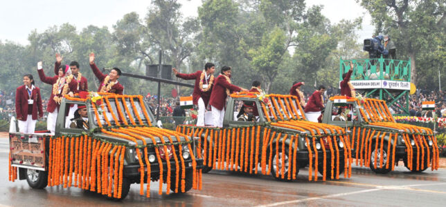 National Bravery Awards 2014-winning children pass through the Rajpath at the 66th Republic Day Parade. (Press Information Bureau) page-repday07-pib-l2015012661626