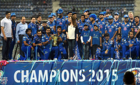 Mumbai Indians team celebrate their IPL 2015 win at Wankhede Stadium in Mumbai, May 25. (Santosh Hirlekar | PTI) page-sports-cricket-2015iplchamps-08