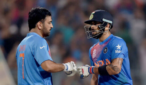 India’s Virat Kohli being greeted by captain M.S. Dhoni after win during ICC T20 Match against Pakistan at Eden Gardens in Kolkata, Mar. 19. (Swapan Mahapatra | PTI) page-sports-cricket-wt20-indiapak-13
