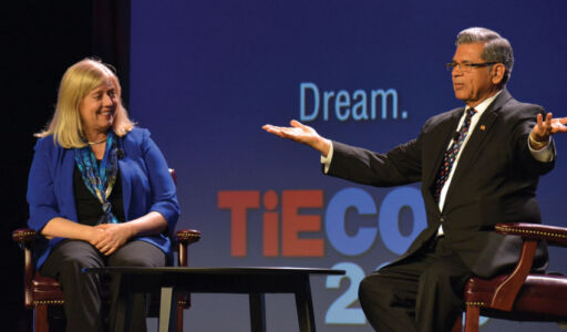 (L-r): Entrepreneurs Bonny Simi and Vish Mishra have a Q&A session at one of the grand keynotes. page-tie-11