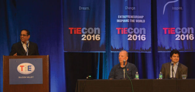 (L-r): Founder & CEO of WorldLink, Adil Adi, Chairman of the Board, Marvell, and CEO of Cliqr, Gaurav Manglik speak at a keynote. page-tie-14