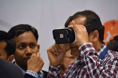 A TiEcon attendee trying out the Samsung VR gear at T-Hub showcase. (Vansh A. Gupta/Siliconeer)
page-tiecon-2017-conference-11