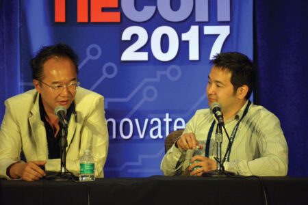 Taehoon Kim, CEO and co-founder of nWay, and Brian Chu, director of product at Rocket Games, presenting The Business of Games track. (Vansh A. Gupta/Siliconeer) page-tiecon-2017-conference-15