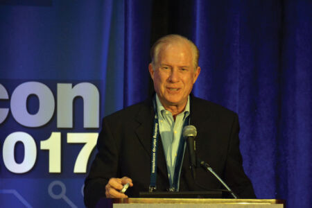 Tom Kalinske, executive chairman of Global Education Learning, presenting the final track on Gaming: Why the Experts are Always Wrong. (Vansh A. Gupta/Siliconeer) page-tiecon-2017-conference-16