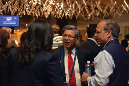 Vish Mishra and Venk Shukla in conversation at TiE Influencers’ Circle reception at BNY Mellon Club West lounge at Levis Stadium, May 5. (Vansh A. Gupta/Siliconeer) page-tiecon-2017-influencers-circle-special-reception-12