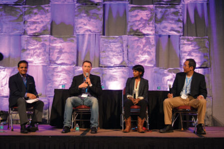 The ‘Recruiting in Competitive Times’ panel (l-r): Kailesh Karavadra, managing principal at Ernst & Young (@Eynews); Steven Lurie, founder, TeamBuilder Ventures (@stevenlurie); Poornima Vijayshanker, author, founder Femgineer (@femgineer); and Chris Yeh, author, VP marketing, PB Works (@chrisyeh). Amar D. Gupta | Siliconeer page-tiecon2015-29