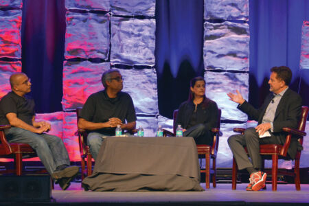 The grand keynote was presented as a panel of senior Infosys team who spoke on “Rethinking IT Services.” (From l-r): Navin Budhiraja, head of architecture & technology at Infosys, Sanjay Rajagopalan, head of design and innovation at Infosys, Ritika Suri, head of corporate development at Infosys, and moderator Rich Karlgaard, publisher and columnist Forbes Media. Amar D. Gupta | Siliconeer page-tiecon2015-41