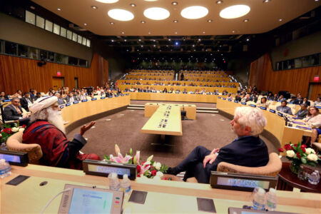 Satguru Jaggi Vasudev speaking during the Yoga Day function at United Nations, New York. (Press Trust of India) page-yoga-04