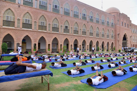 Maulana Azad College students performing yoga on the International Yoga Day in Jodhpur, Rajasthan, June 21. (Press Trust of India) page-yoga-05