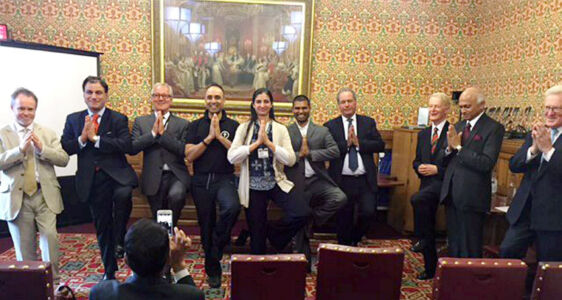 First-ever yoga session at the House of Lords organized by Indian entrepreneur Lord Karan Bilimoria, June 23. Indian High Commissioner to UK Ranjan Mathai was among the guests at the event. (Press Trust of India) page-yoga-day-03