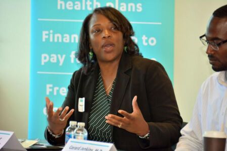 Njeri McGee-Tyner, Chief Eligibility and Enrollment Officer, Alameda Health Consortium (Covered California Navigator), speaking at the Covered California multicultural media roundtable, in Oakland, Calif., Aug. 27. (Amar D. Gupta/Siliconeer) page-covered-ca-oak-2019-13
