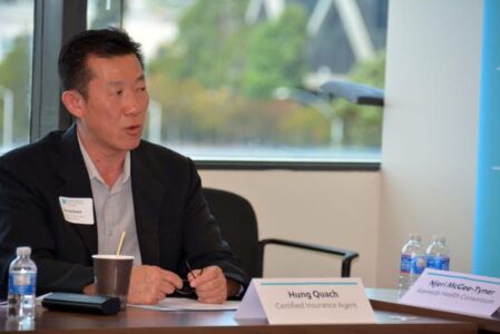 Hung Quach, Certified Insurance Agent for Covered California, speaking at the Covered California multicultural media roundtable, in Oakland, Calif., Aug. 27. (Amar D. Gupta/Siliconeer) page-covered-ca-oak-2019-17