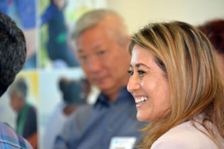 Maria Solorzano Morales, Certified Insurance Agent for Covered California, speaking at the Covered California multicultural media roundtable, in Oakland, Calif., Aug. 27. (Amar D. Gupta/Siliconeer) page-covered-ca-oak-2019-18
