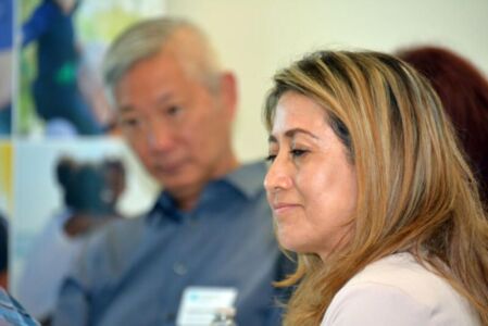 Maria Solorzano Morales, Certified Insurance Agent for Covered California, speaking at the Covered California multicultural media roundtable, in Oakland, Calif., Aug. 27. (Amar D. Gupta/Siliconeer) page-covered-ca-oak-2019-19