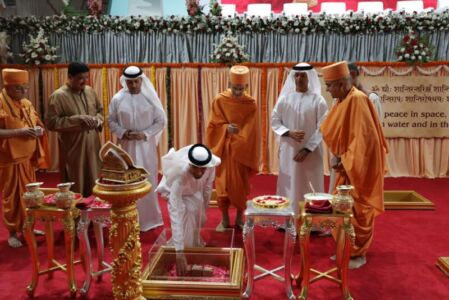 Mahant Swami Maharaj, Dr Ahmad bin Abdullah Humaid Belhoul Al Falasi, Dr Mugheer Khamis Al Khaili, Dr Thani Ahmed Al Zeyoudi, Navdeep Suri, Dr B.R. Shetty and senior sadhus place sanctified stones in the foundation page-uae-baps-hindu-temple-03