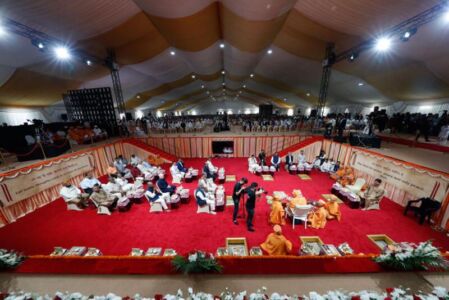 Senior swamis and distinguished guests participate in the Shilanyas Ceremony in the foundations page-uae-baps-hindu-temple-08