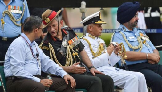 Tri-services heads General Bipin Rawat, Admiral Sunil Lamba and Marshal Birender Singh Dhanoa with Defence Secretary Sanjay Mitra (l) at the cremation of former prime minister Atal Bihari Vajpayee, at Rashtriya Smriti Sthal in New Delhi on Aug. 17. (Manvender Vashist/PTI) page-vajpayee-main-gallery-08
